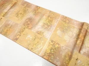 引箔　格子に牡丹・菊・梅模様織り出し　袋帯